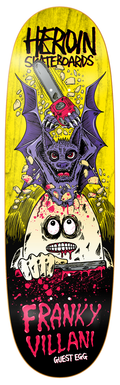 Skateboard deck with a bat and skull design, featuring the brand 'Heroin Skateboards' and 'Franky Villani'.