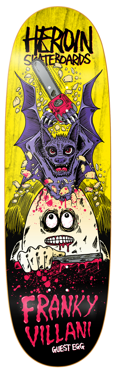Skateboard deck with a bat and skull design, featuring the brand 'Heroin Skateboards' and 'Franky Villani'.