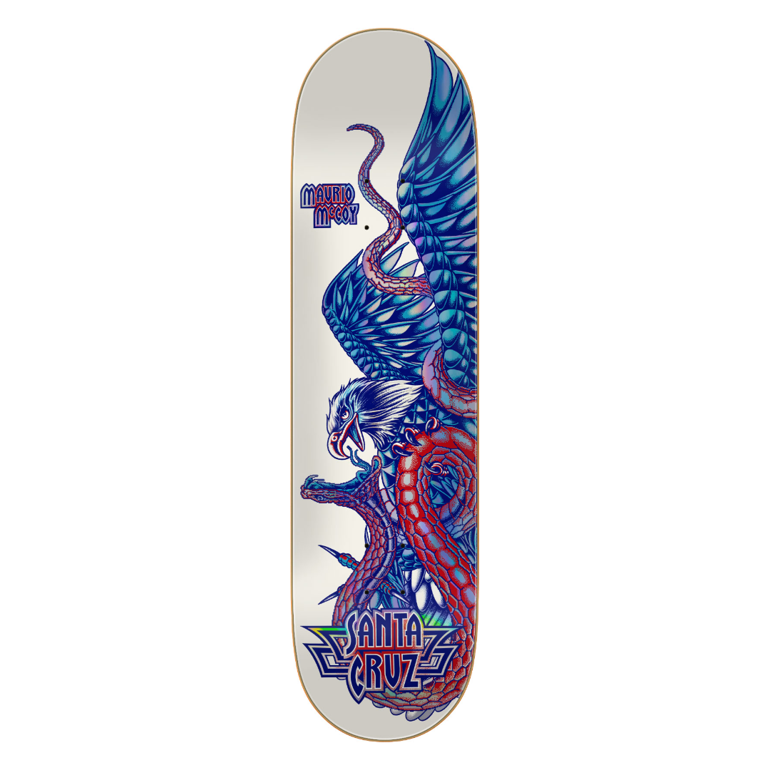 A Santa Cruz skateboard deck featuring a detailed graphic of a blue winged serpent coiled around a red serpent, on a white background with the Santa Cruz logo at the top and bottom.