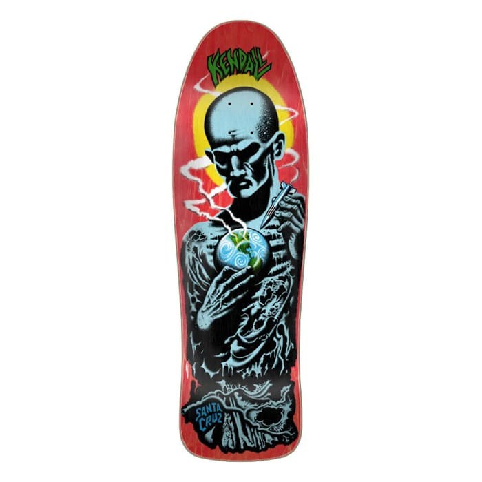 A skateboard deck featuring a graphic illustration of a bald man holding the Earth, with a red background and the 'Kamel' brand logo at the top.