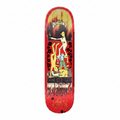 A skateboard deck featuring a vibrant red background with a graphic illustration of Eddie Bernbachne. The design includes a yellow and orange flame-like top section, black leopard spots, a central figure in a white suit, and a lower section with red flames and the 'Krooked Skateboard' logo.