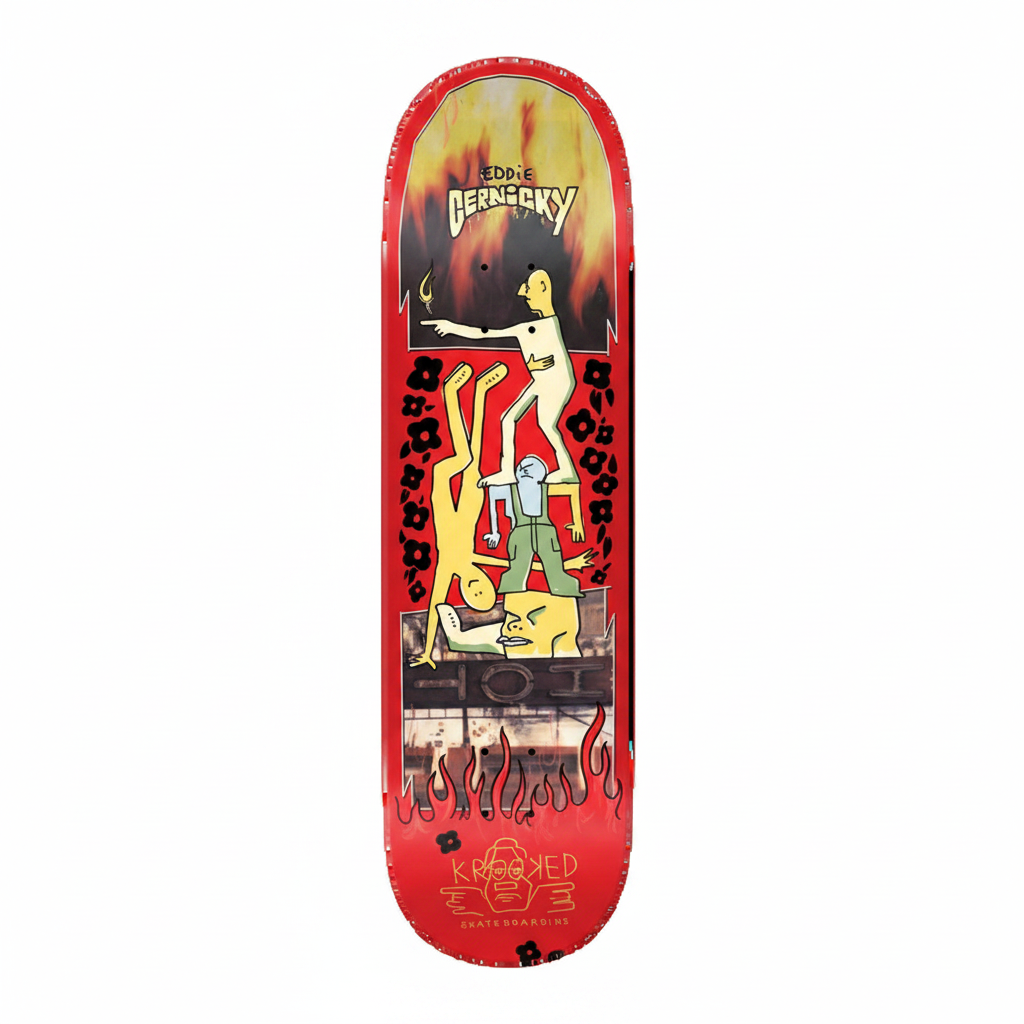 A skateboard deck featuring a vibrant red background with a graphic illustration of Eddie Bernbachne. The design includes a yellow and orange flame-like top section, black leopard spots, a central figure in a white suit, and a lower section with red flames and the 'Krooked Skateboard' logo.