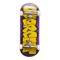 Purple and yellow Fingerboard with white trucks on a white background