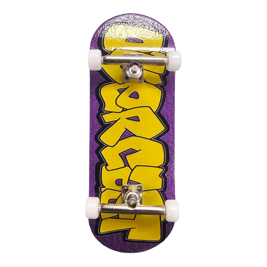 Purple and yellow Fingerboard with white trucks on a white background