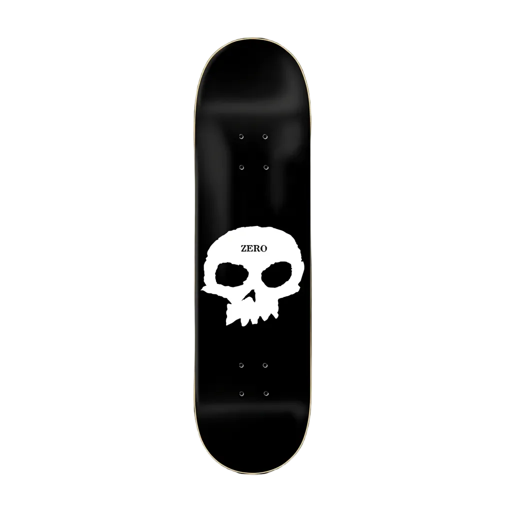 Black skateboard deck with a white skull design and 'Zero' branding on a white background