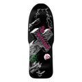 A skateboard deck featuring a black background with a large gray cross, pink 'MALBA 1986' text, a pink rose, white lightning bolts, and small green and pink graphic accents.
