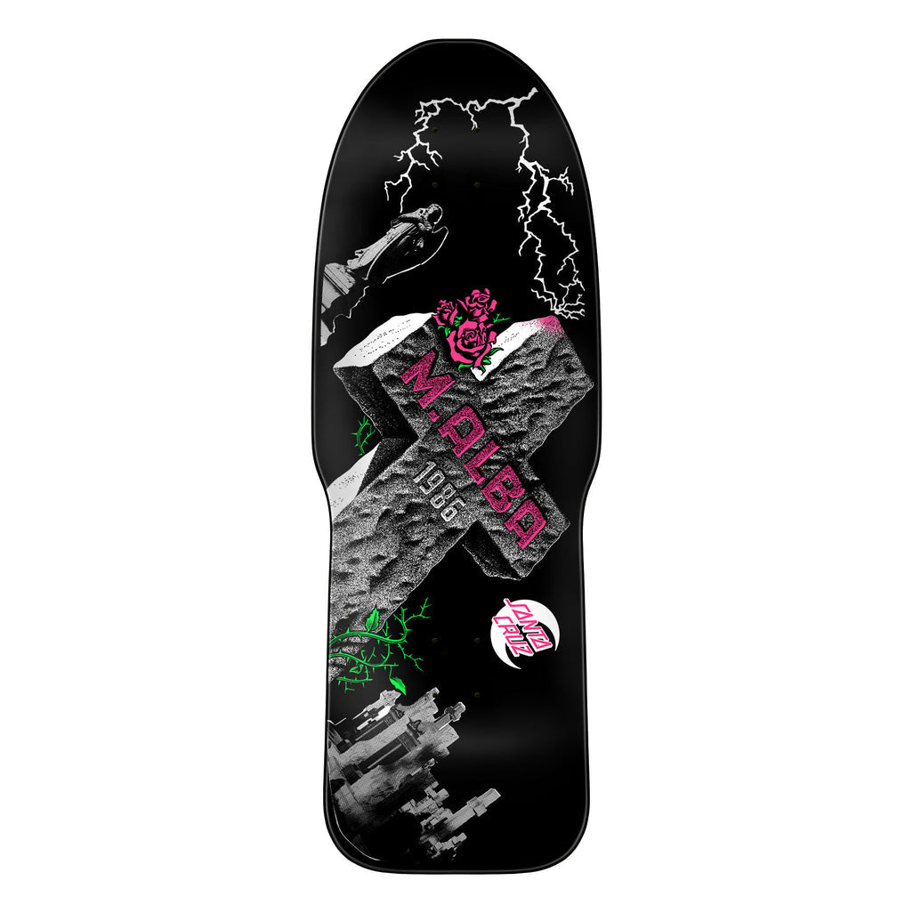 A skateboard deck featuring a black background with a large gray cross, pink 'MALBA 1986' text, a pink rose, white lightning bolts, and small green and pink graphic accents.