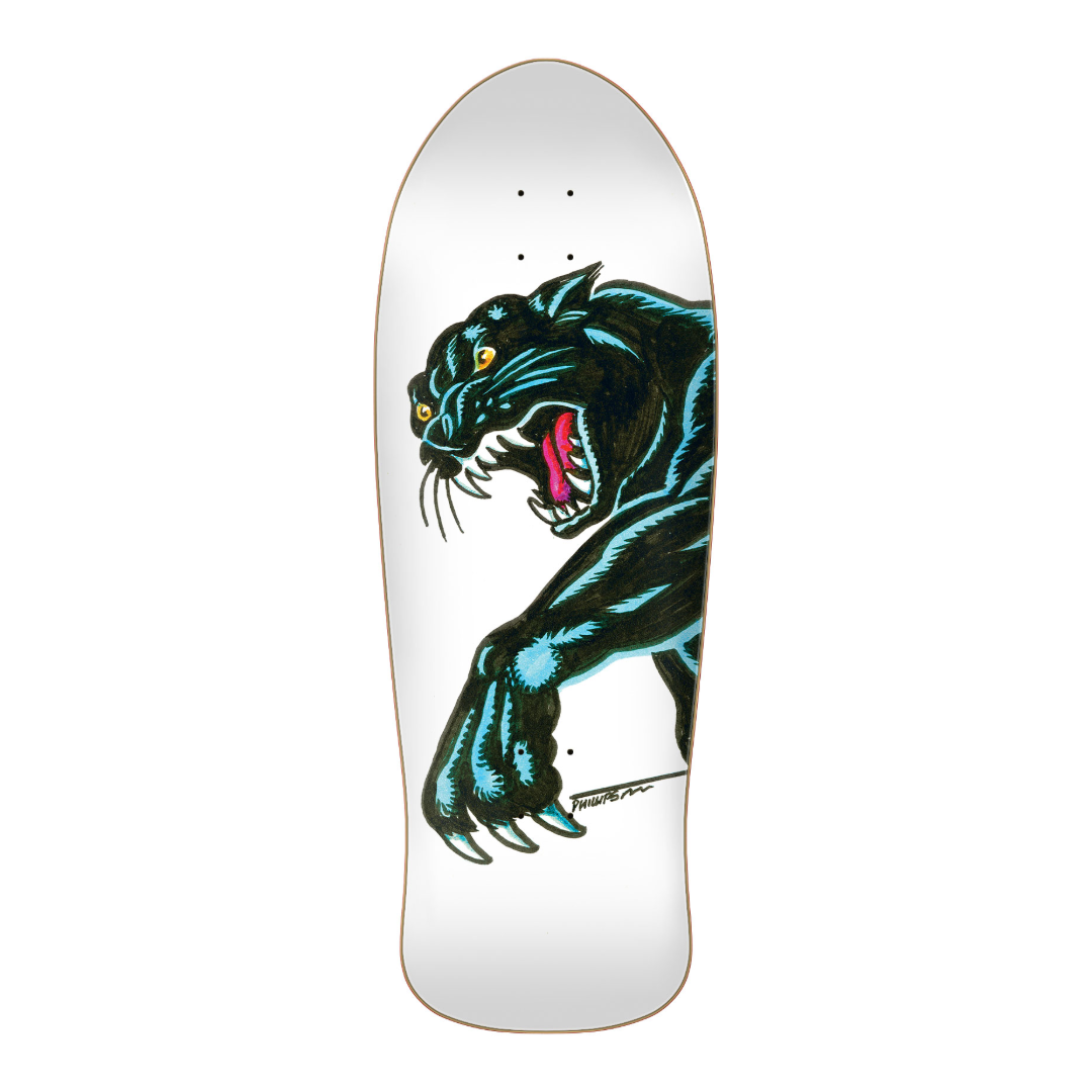 A white skateboard deck featuring a large graphic illustration of a roaring black panther with bright blue shading, yellow eyes, and a pink tongue, shown on a plain white background.