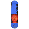 Blue skateboard deck with a red and black graphic and 'JAEB' branding on a white background