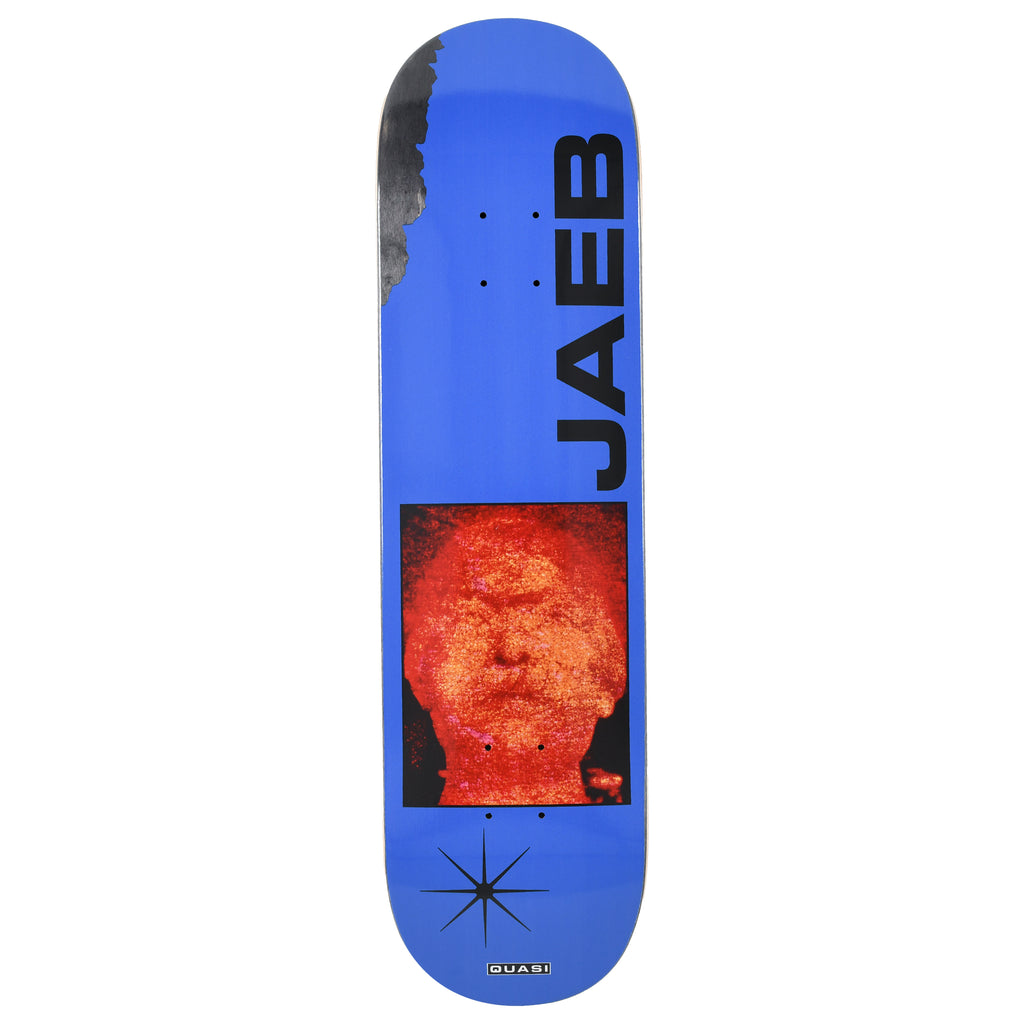 Blue skateboard deck with a red and black graphic and 'JAEB' branding on a white background