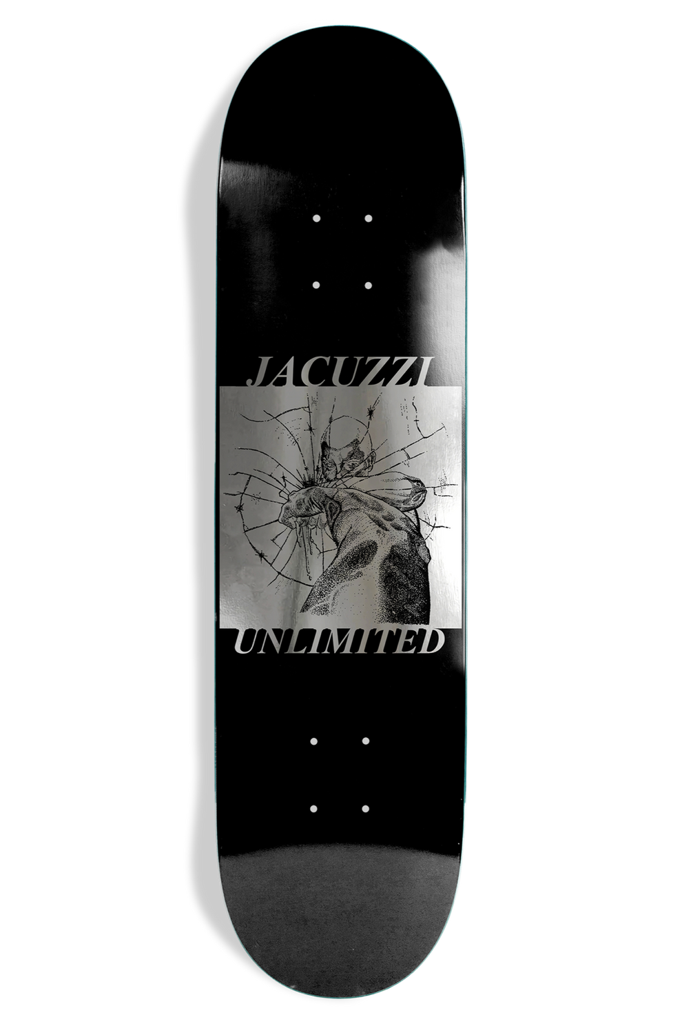 A black skateboard deck featuring a central rectangular graphic with a cracked-glass design and the words 'JACUZZI' and 'UNLIMITED' in white, shown on a plain white background.