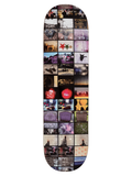 A skateboard deck featuring a vertical collage of numerous small square photographs in muted, artistic tones, with a prominent red circular 'thug' logo near the center.