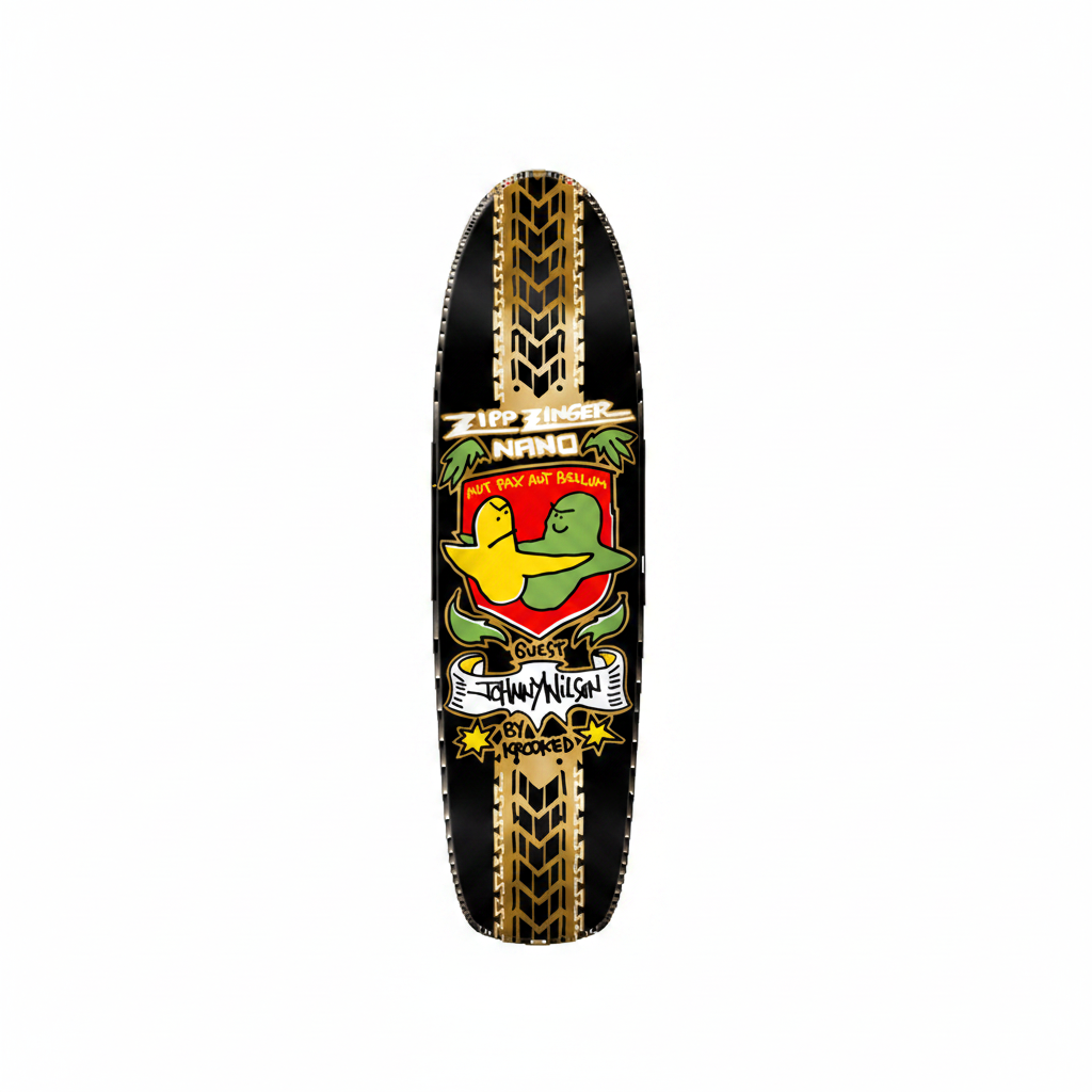 A skateboard deck featuring a graphic design with a black background, gold tire tracks, and a central crest with a green frog, red shield, and yellow duck. The text reads 'Zipp Ringer Nano' and 'Guest Johnny Nelson by Rocket'.