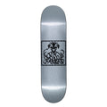 Silver skateboard deck with a black and white graphic design on a white background