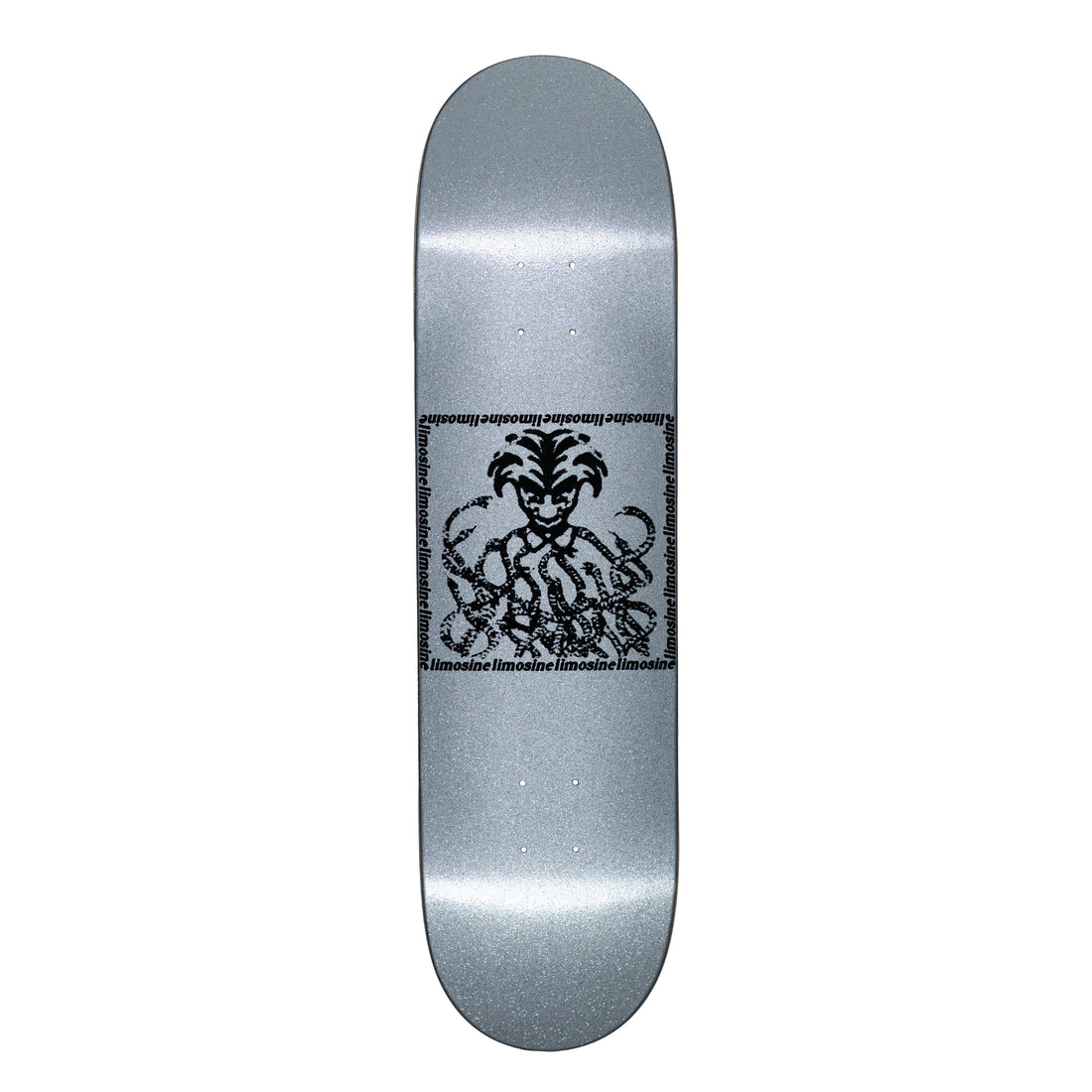 Silver skateboard deck with a black and white graphic design on a white background