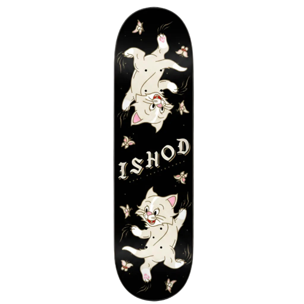 A skateboard deck with a black background featuring two cartoon kittens in cream and pink, small butterflies, and the brand name 'ISHOD' in stylized lettering.