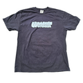 Black t-shirt with grey "Overcast" logo text on a white background