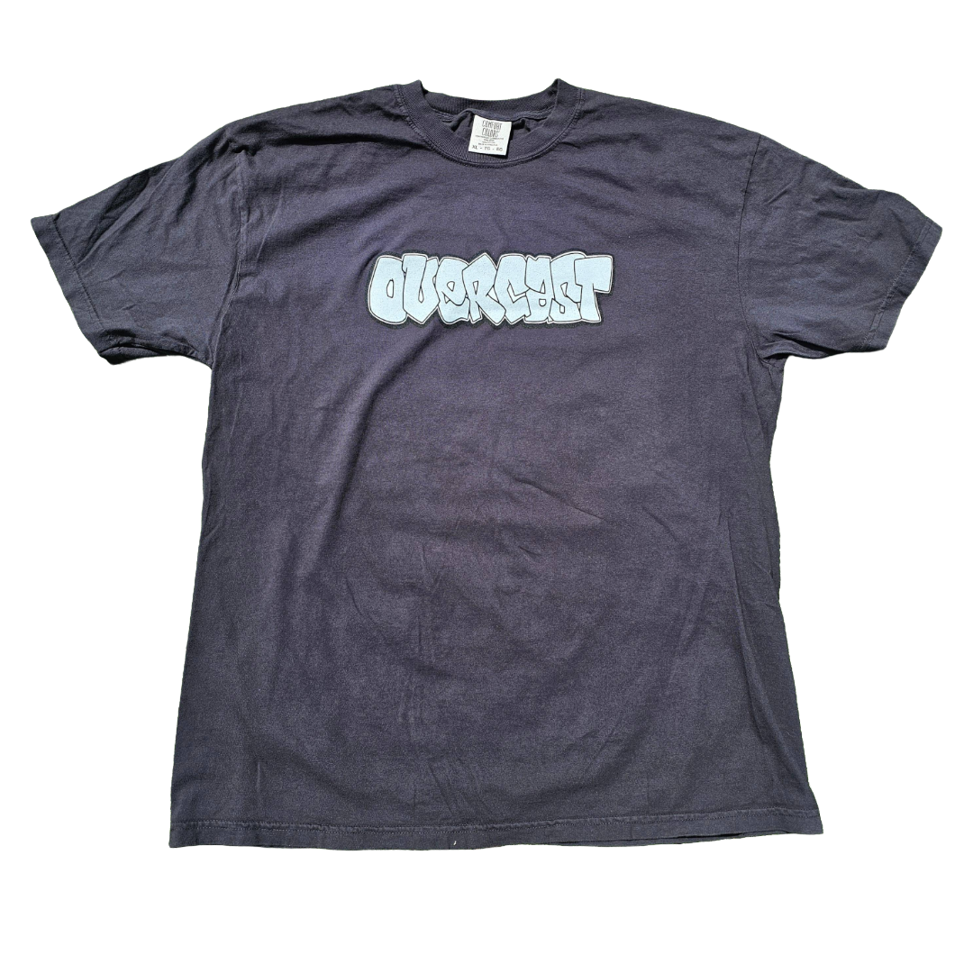 Black t-shirt with grey "Overcast" logo text on a white background