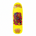 Colorful skateboard deck with abstract designs and text on a yellow background