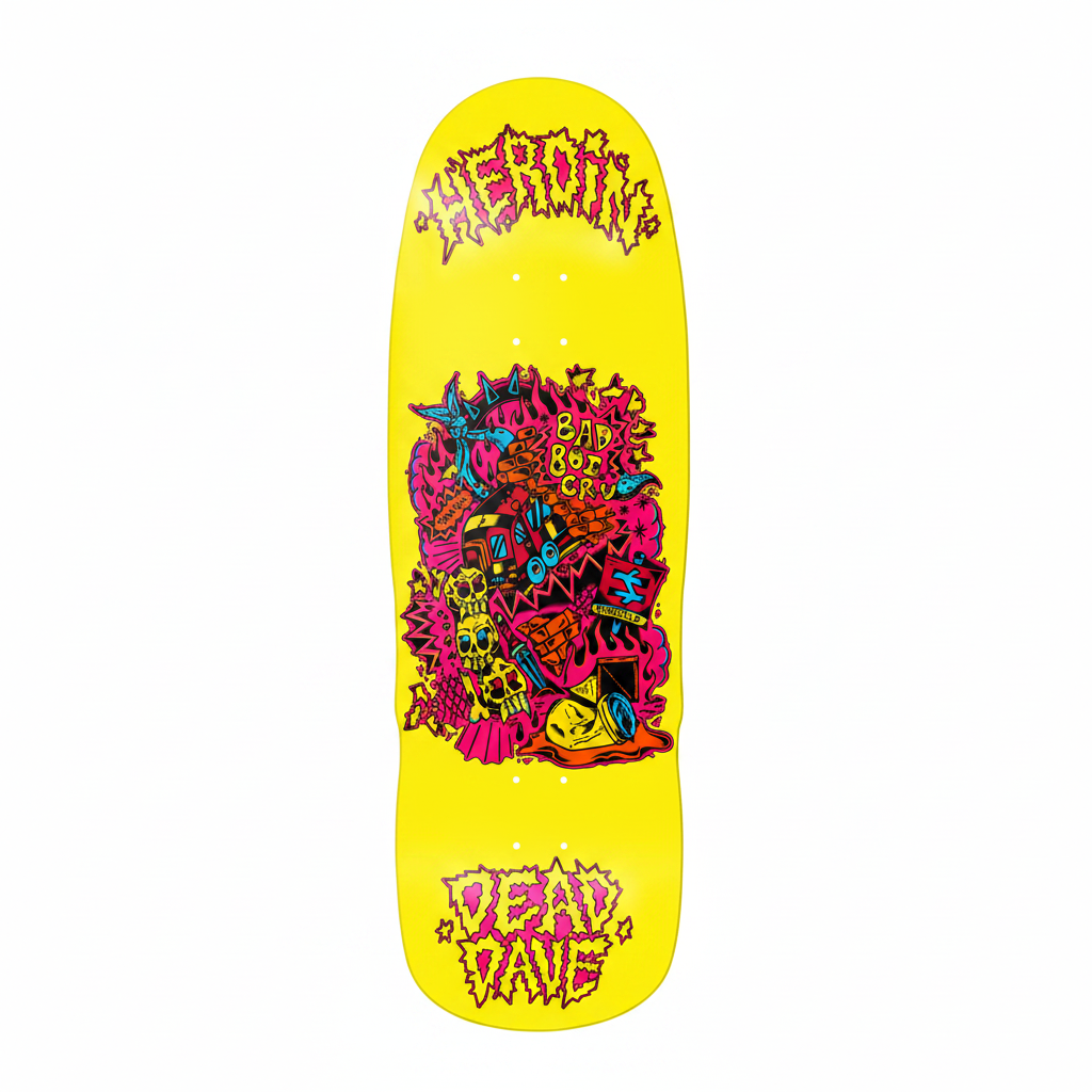 Colorful skateboard deck with abstract designs and text on a yellow background
