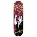 Skateboard deck with a stylized illustration of a character holding a heart, set against a purple and yellow abstract background. The brand 'Krooked' is visible.