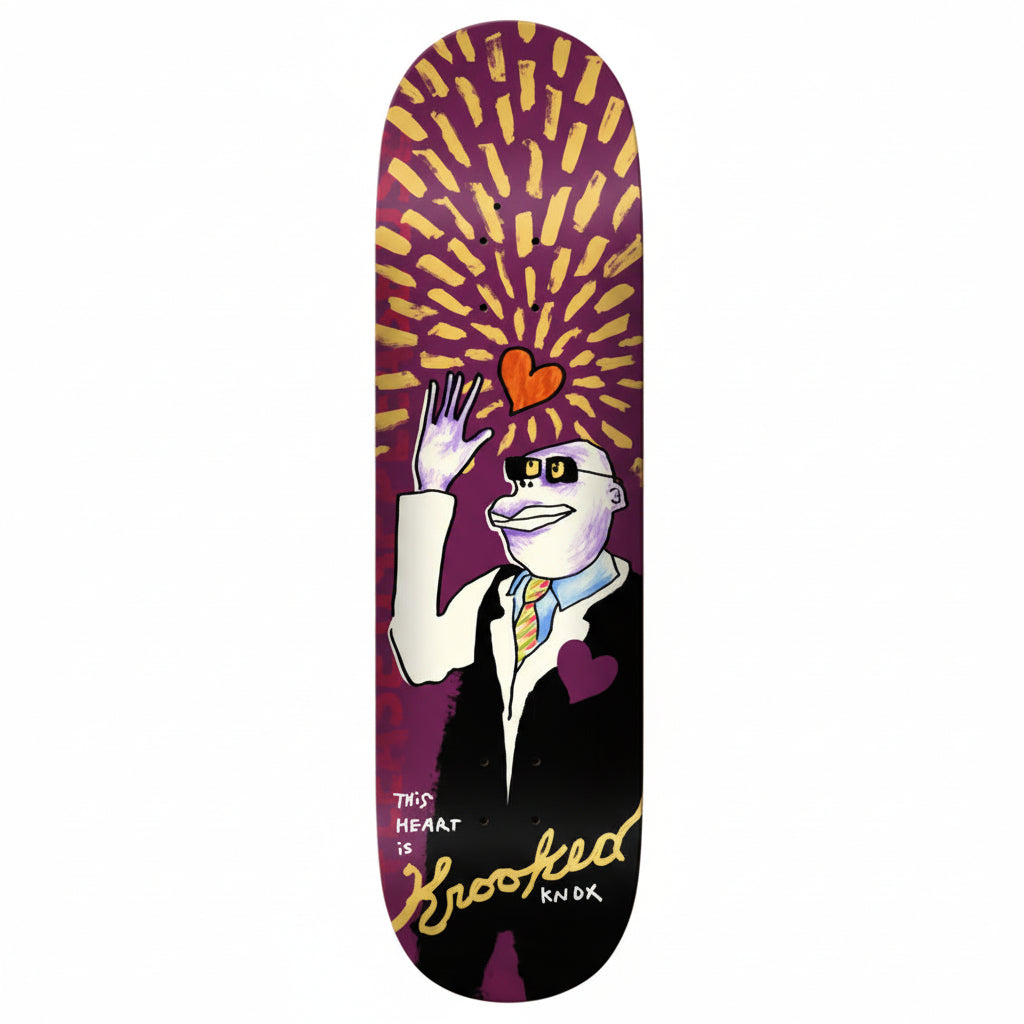 Skateboard deck with a stylized illustration of a character holding a heart, set against a purple and yellow abstract background. The brand 'Krooked' is visible.