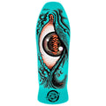 A turquoise skateboard deck with a large graphic of an open eye, featuring black, orange, and white details, on a solid white background.