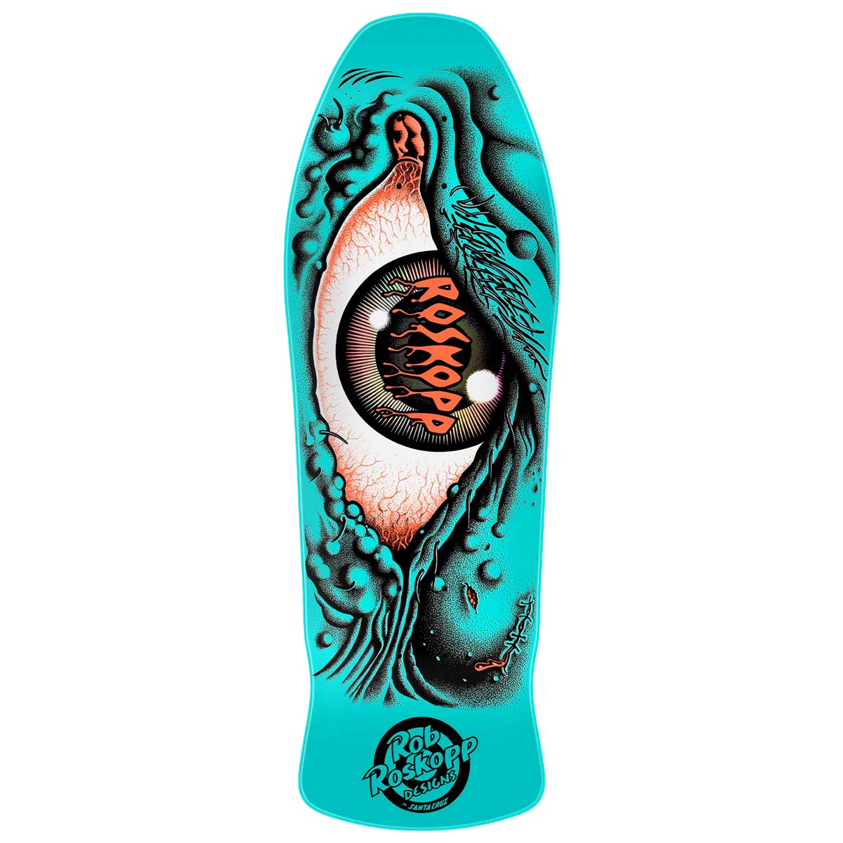 A turquoise skateboard deck with a large graphic of an open eye, featuring black, orange, and white details, on a solid white background.