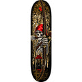 Skateboard deck with a skeleton wearing a red hat and holding an axe against a dark, tree-patterned background.