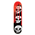 Skateboard deck with skull design and red accents on a black background