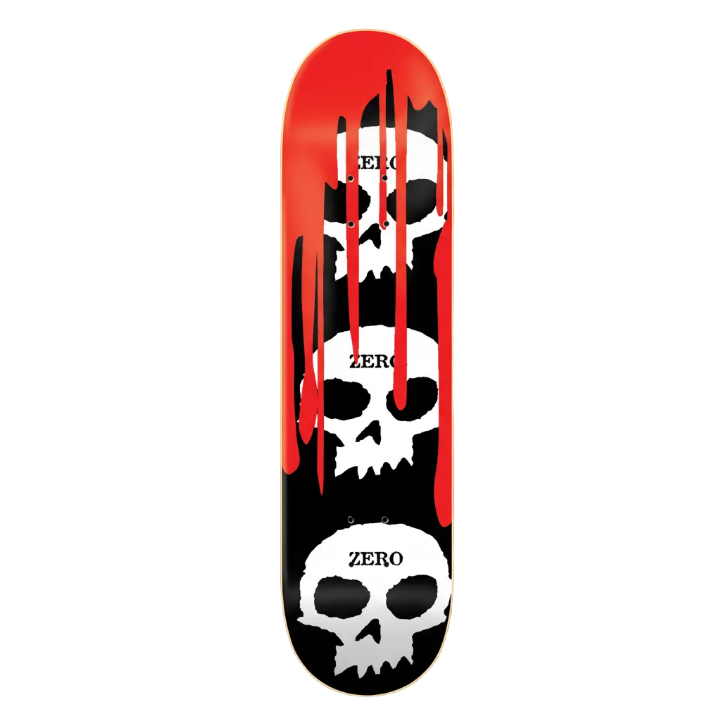 Skateboard deck with skull design and red accents on a black background