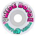 Wide Boys Snot Wheels skateboard wheel with colorful text and a cartoon character on a white background