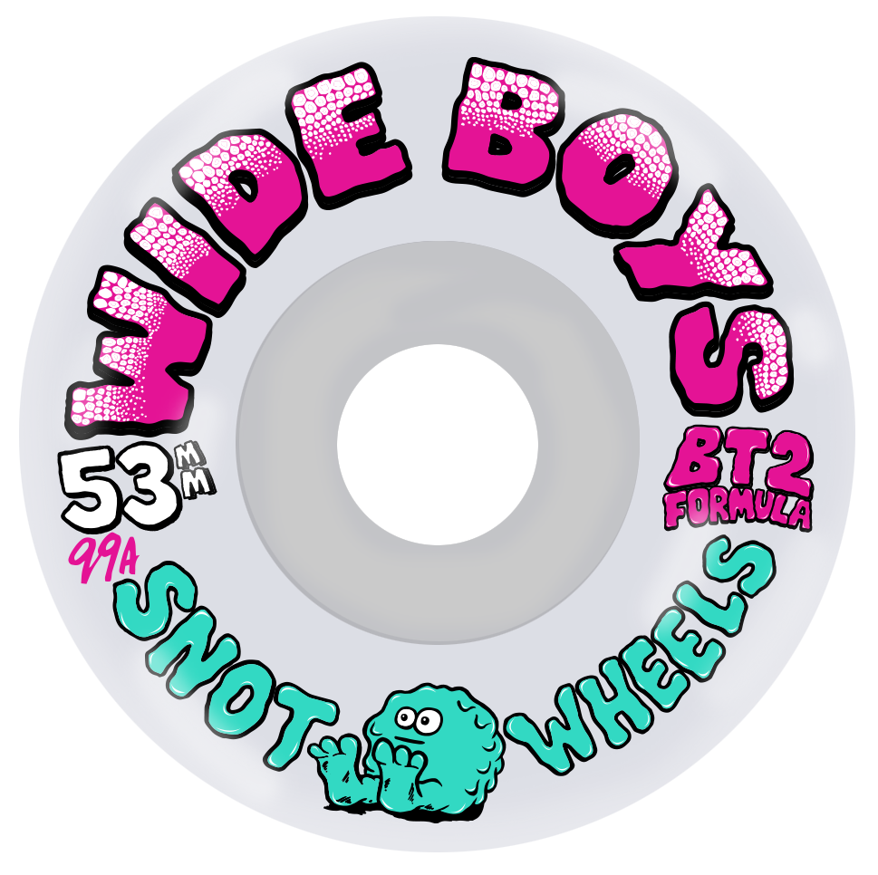 Wide Boys Snot Wheels skateboard wheel with colorful text and a cartoon character on a white background