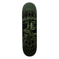 A skateboard deck with a black background and a green psychedelic line-art graphic of a figure in the center, shown against a plain white background.