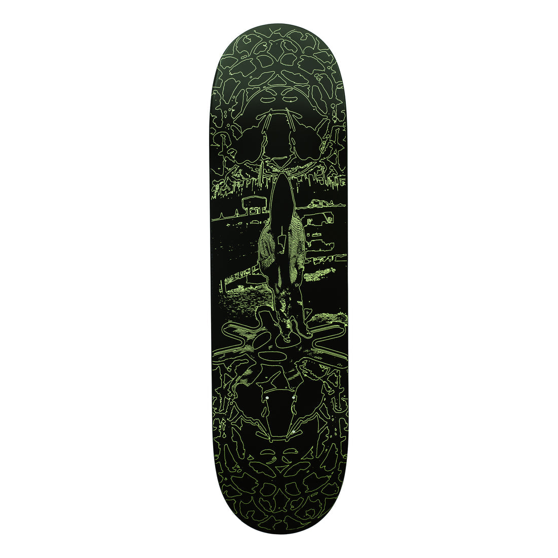 A skateboard deck with a black background and a green psychedelic line-art graphic of a figure in the center, shown against a plain white background.