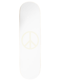 A white skateboard deck featuring a light yellow peace sign graphic in the center, shown against a plain white background.