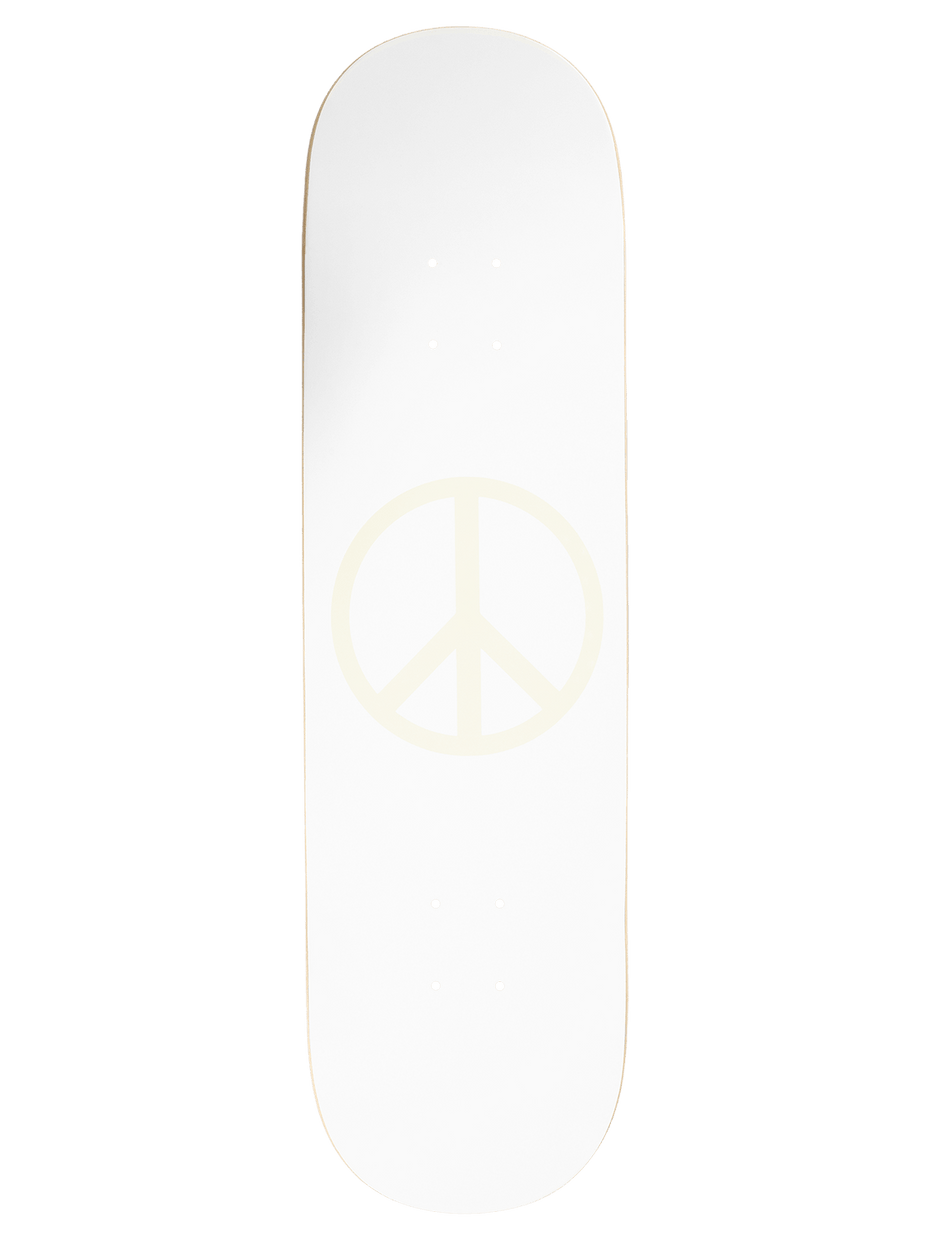 A white skateboard deck featuring a light yellow peace sign graphic in the center, shown against a plain white background.