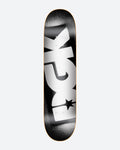 Skateboard deck with a black and white logo design on a light gray background
