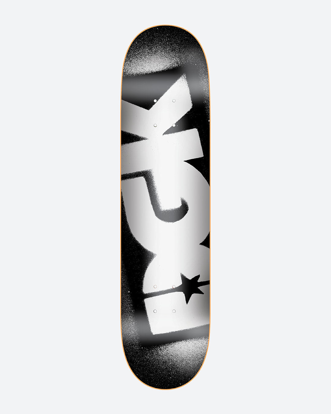 Skateboard deck with a black and white logo design on a light gray background