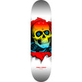 Skateboard deck with a colorful skull design on a white background