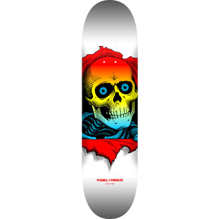 Skateboard deck with a colorful skull design on a white background