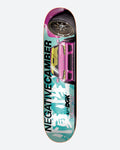 Skateboard deck with a car graphic and 'Negative Camber' branding on a white background