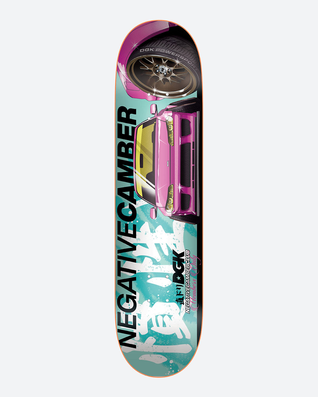 Skateboard deck with a car graphic and 'Negative Camber' branding on a white background