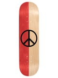 A skateboard deck with a vertical split design, featuring a red wood-grain finish on the left and a natural light wood-grain finish on the right, with a large black peace symbol centered across the split.