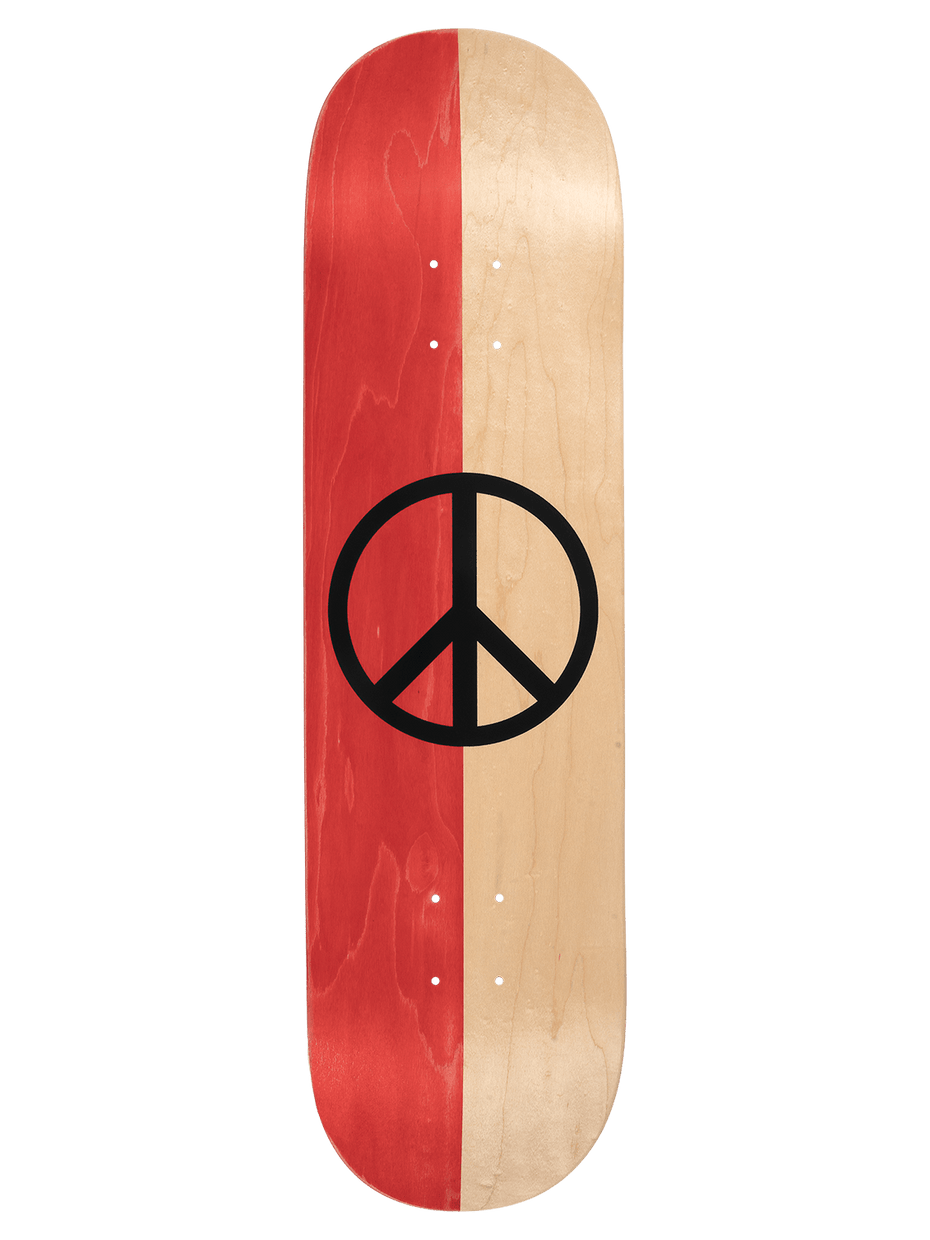 A skateboard deck with a vertical split design, featuring a red wood-grain finish on the left and a natural light wood-grain finish on the right, with a large black peace symbol centered across the split.