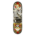 A skateboard deck featuring a detailed graphic design with a black BMW 7 series car, white doves, red roses, and the text 'ISHOO' on a gold banner, set against a gray and black background.