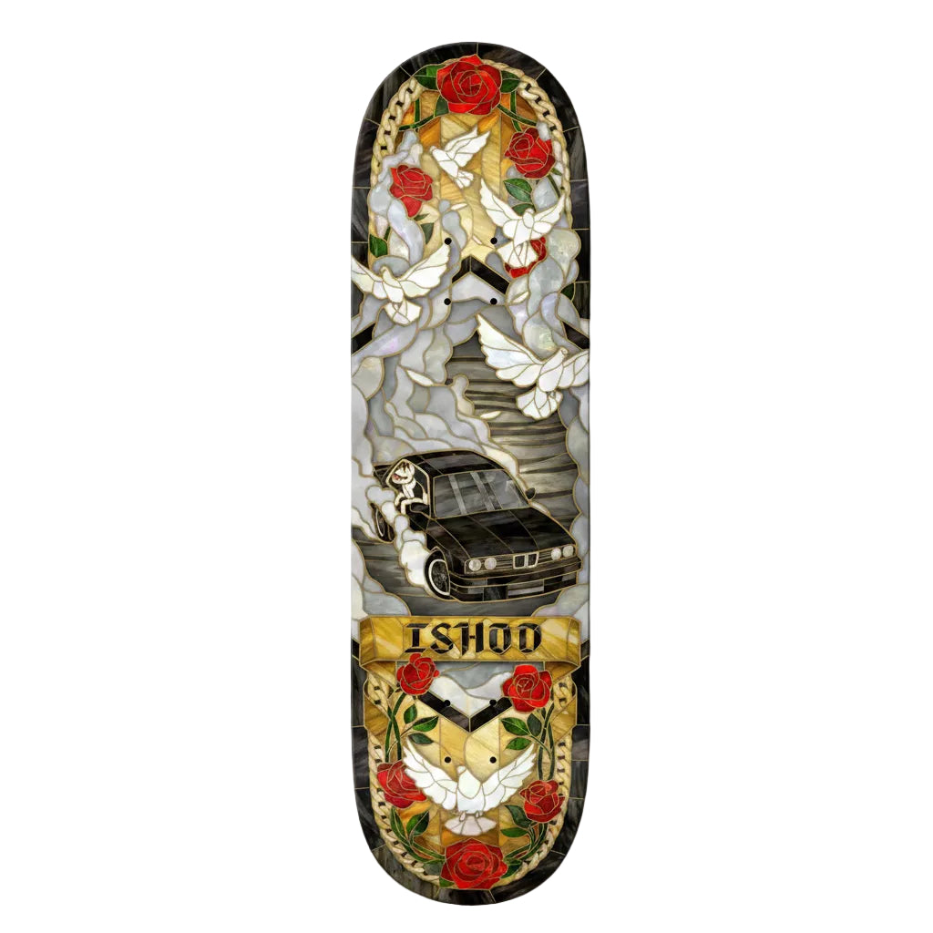 A skateboard deck featuring a detailed graphic design with a black BMW 7 series car, white doves, red roses, and the text 'ISHOO' on a gold banner, set against a gray and black background.