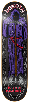 Skateboard deck with a purple hooded figure and chains design, featuring the brand 'Heroin'.