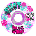 Colorful skateboard wheel with 'SNOT' and 'Nolan's Spirals' branding on a white background