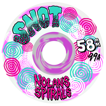Colorful skateboard wheel with 'SNOT' and 'Nolan's Spirals' branding on a white background